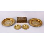 A MIXED LOT OF 5 SILVER INLAID BRASS CAIROWARE ITEMS, comprising two larger dishes, 19.5cm, two