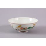 A CHINESE MING STYLE WUCAI PORCELAIN TEA CUP, decorated with scenes of ducks and lotus flowers,