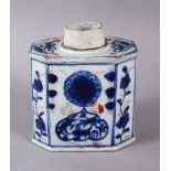 AN 18TH CENTURY CHINESE IMARI TEA CADDY, with panels of underglaze blue & iron red flora, 10.5cm x