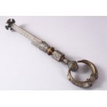 A FINE ISLAMIC MAMLUK OR OTTOMAN STYLE INLAID SILVER KAB'A KEY, the large heavy key inlaid with