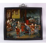 A GOOD CHINESE GLASS PAINTED PICTURE, with many figure in an interior, 50cm x 60cm.