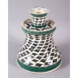 AN UNUSUAL 19TH CENTURY FRENCH SAMSON ISLAMIC IZNIK STYLE POTTERY CANDLESTICK, the stick decorated