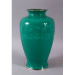 A JAPANESE CLOISONNE MUSSEN VASE BY ANDO COMPANY, the green ground vase with lighter floral