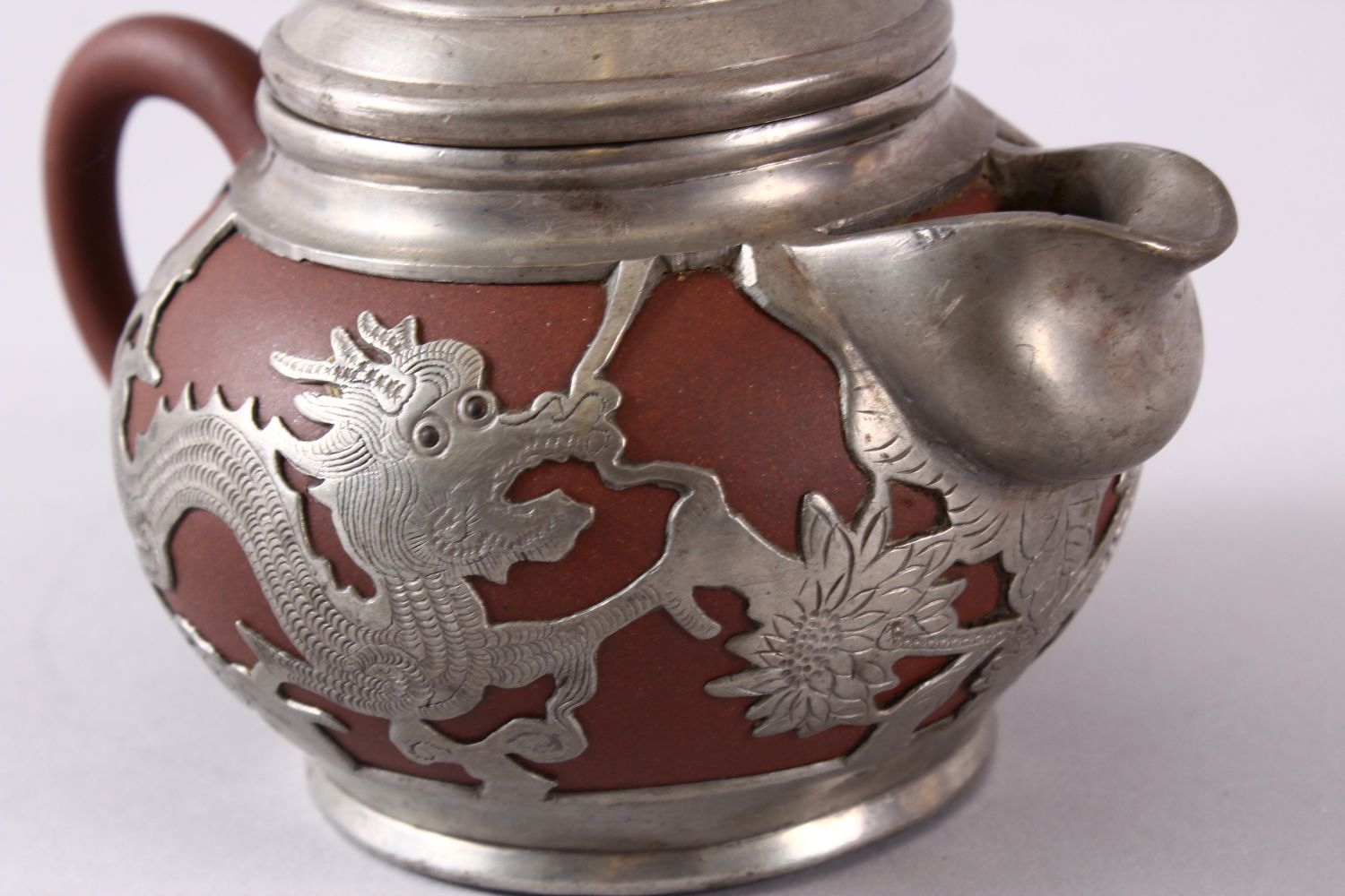 A CHINESE YIXING CLAY & WHITE METAL DRAGON TEAPOT, The body of the teapot encapsulated with a carved - Image 6 of 9