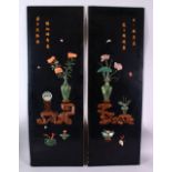 A PAIR OF CHINESE LACQUERED PANELS with hardstone urns and flowers, 96cm x 33cm.