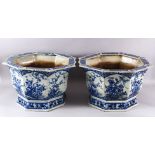 A PAIR OF LARGE CHINESE BLUE & WHITE OCTAGONAL PORCELAIN JARDINIERE / PLANTERS, decorated with