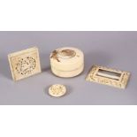 A MIXED LOT OF CHINESE / JAPANESE CARVED IVORY ITEMS, comprising a Japanese meiji cylindrical lidded