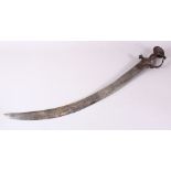 A 18TH CENTURY INDIAN TULWAR SWORD, with silver inlaid steel hilt, 84cm long.