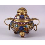 A CHINESE CLOISONNE TRIPLE FOOT CENSER & COVER, with raised enamel decoration of lotus, triple