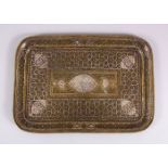 A FINE 19TH CENTURY MAMLUK REVIVAL SILVER INLAID DAMASCUS TRAY, inlaid with silver bands of