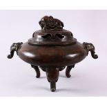 A VERY HEAVY CHINESE BRONZE TWIN ELEPHANT HANDLE INCENSE BURNER & COVER, the burner with twin