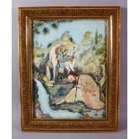 AN EASTERN PAINTING ON BOARD OF FIGURES, CAMELS & HORSES, framed in a 20th century micro mosaic &