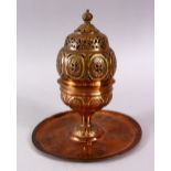 AN 18TH CENTURY TURKISH OTTOMAN TOMBAK GILDED COPPER INCENSE BURNER, with pierced and embossed