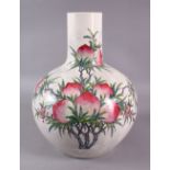 A MID-20TH CENTURY CHINESE FAMILLE ROSE NINE PEACH BOTTLE VASE, 32cm high.