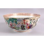 AN 18TH CENTURY CHINESE EXPORT FAMILLE ROSE PORCELAIN BOWL, decorated with panels of figures in