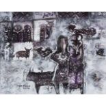 A SYRIAN CONTEMPORARY PAINTING - BY ISRAM ABOUD 2002 - depicting figures and animals in town