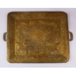 A LARGE 19TH CENTURY SRI LANKAN TWIN HANDLED BRASS TRAY, embossed and engraved with animals and
