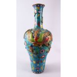 A LARGE & HEAVY CHINESE CLOISONNE PHOENIX VASE, the body with a blue ground decorated with two