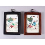 A PAIR OF CHINESE REPUBLIC FAMILLE ROSE PORCELAIN EROTIC PANELS, each with a saucy scene and
