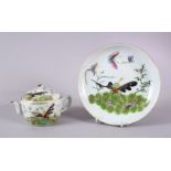 A CHINESE FAMILLE ROSE PORCELAIN TEAPOT, COVER & SAUCER DISH, each decorated in a similar way