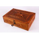 A FINE 19TH CENTURY PERSIAN QAJAR ENGRAVED WOODEN BOX, carved with scenes of mythical beasts and