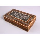 A PERSIAN WHITE METAL & INLAID MICRO MOSAIC LIDDED BOX, the top inset with a white metal panel