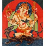AN INDIAN SIH SCHOOL MINIATURE PAINTING OF GANESH, depicting ganesh with a beast, mounted, overall