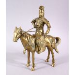 A GOOD CHINESE GILT BRONZE FIGURE OF A WARRIOR ON A HORSE, 25cm high.