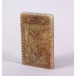 A CHINESE CARVED JADE IMMORTAL PENDANT, one side depicting three immortals in a landscape amongst