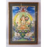 A CHINESE TIBETAN THANKA, the thanka depicting seated buddha upon lotus, framed 74cm x 52cm.