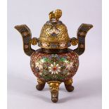 A CHINESE CLOISONNE TRIPOD CENSER & COVER - the censer with raised enamel lotus and symbolic