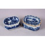 TWO 18TH CENTURY CHINESE BLUE & WHITE SALTS, each with underglaze blue landscape decoration, one af,