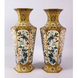 A GOOD PAIR OF CHINESE CLOISONNE HEXAGONAL FORMED FLORAL VASES, each vase with six main panels each