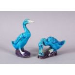 A PAIR OF CHINESE TURQUOISE GLAZED FIGURES OF DUCKS, stood upon stylized rocky bases with