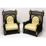 A LARGE PAIR OF LATE 19TH CENTURY MOORISH EBONISED ARMCHAIRS with upholster backs and loose