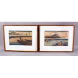 A GOOD PAIR OF JAPANESE WOODBLOCK PRINTS - LANDSCAPES, each depicting a native waterside landscape