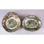 TWO CHINESE 19TH CENTURY CANTON FAMILLE ROSE PORCELAIN DISHES, each decorated with panels of lotus