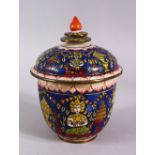 A THAI ENAMELLED POTTERY BOX AND COVER, overall height 15cm.