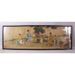 A CHINESE FRAMED LANDSCAPE PICTURE, of a scribe with figures, 36cm x 12cm.