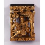 A SMALL 19TH CENTURY CHINESE GILTWOOD PANEL, carved to depict a warrior on horseback, 17cm x 11cm.