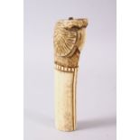 A 19TH CENTURY INDIAN MUGHAL CARVED IVORY BIRD FORMED DAGGER HANDLE, 13cm