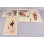 A LOT OF FOUR JAPANESE WOODBLOCK PRINTS - each depicting the scene of a female, two by the same