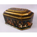 A 19TH CENTURY PERSIAN LACQUER LIDDED BOX, decorated with scenes of figures interior, bands of