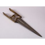 AN 18TH CENTURY MUGHAL INDIAN KATAR DAGGER, with gilt decorated hilt, 39cm long.