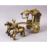AN 18TH CENTURY INDIAN BRASS CHILDS TOY CHARIOT, 32cm long.