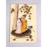 A ISLAMIC PAINTING ON POSSIBLY BONE OR IVORY SLITHER, the figure seated under a tree with his head