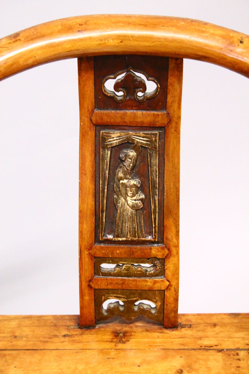 A CHINESE CARVED WOOD HOOP BACK ARM CHAIR, the back panel carved with a figure and openwork with - Image 2 of 2
