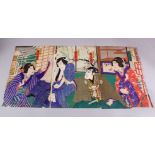 THREE TRIPTYCH JAPANESE MEIJI PERIOD WOODBLOCK PRINTS BY KACHORO - each triptych depicting varying