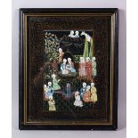 AN INDIAN MINIATURE PAINTING ON TEXTILE - depicting many figures and a horse in a garden setting,