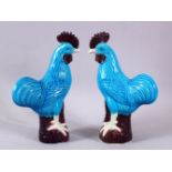 A PAIR OF CHINESE TURQUOISE GLAZED FIGURES OF CHICKENS, stood upon stylized rocky bases wioth